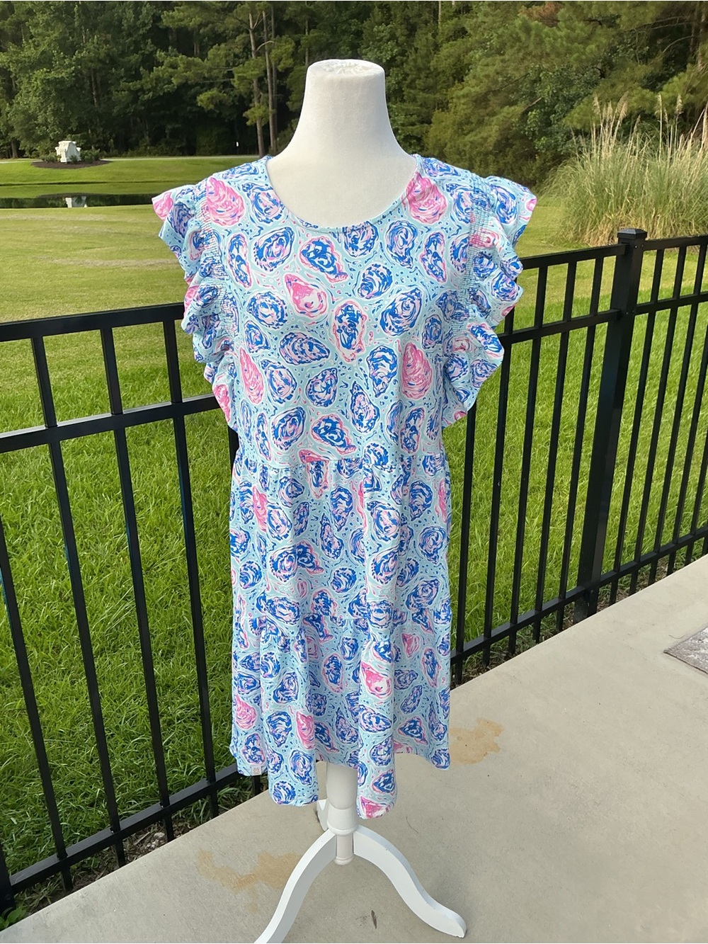 Simply Southern Blue & Pink Ruffled Sleeve Oyster Print Tiered Midi Dress SPF 50